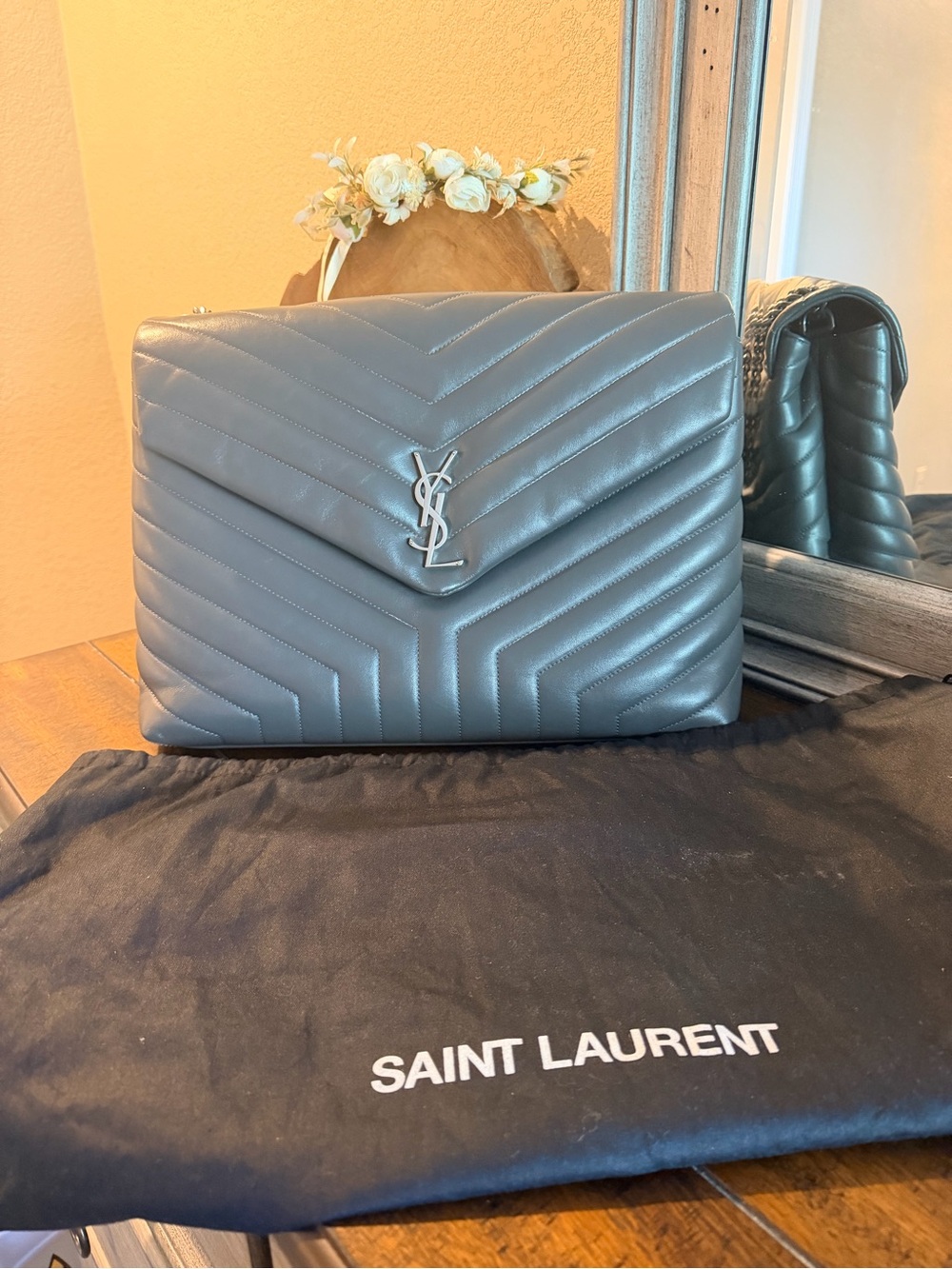 Saint Laurent Charcoal Chevron Quilted Monogram Chain Shoulder Bag large size